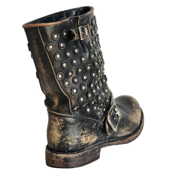 FRYE Jenna Disc Short Black Studded Leather Combat & Moto Boots Size 6.5 - Picture 7 of 11